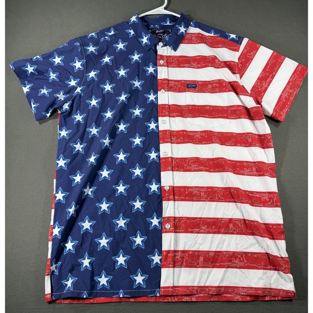 Retro Rifle Old Glory Shirt Men XXL USA American Flag Button Up July 4th Stretch